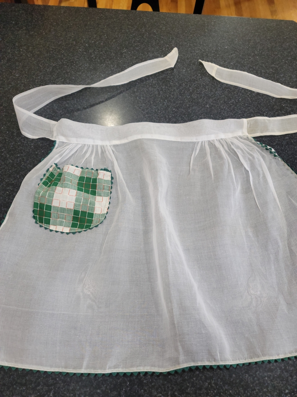 Vintage White Sheer Apron Dress with Green Plaid Pocket